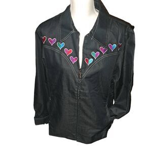 SALE! NEW-Bob Mackie SZ L Shiny Denim Full Zip Jacket Embroidered With Hearts